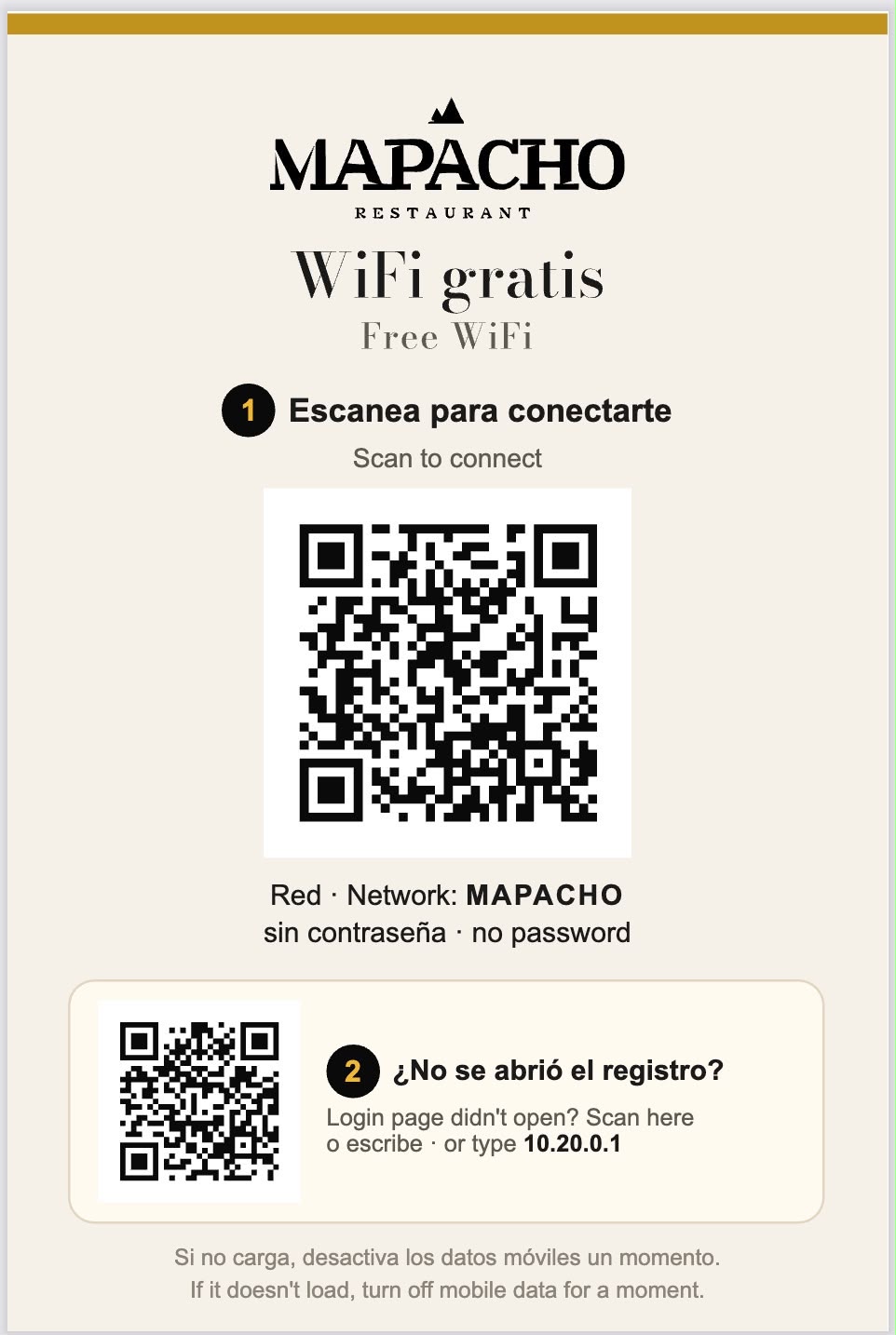 Free Wi-Fi. Network MAPACHO, no password. Scan the QR code to connect.